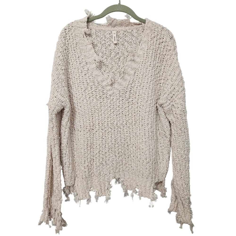 Wishlist Cream Distressed Oversized V-Neck Chunky Knit Sweater S/M Boho Artsy